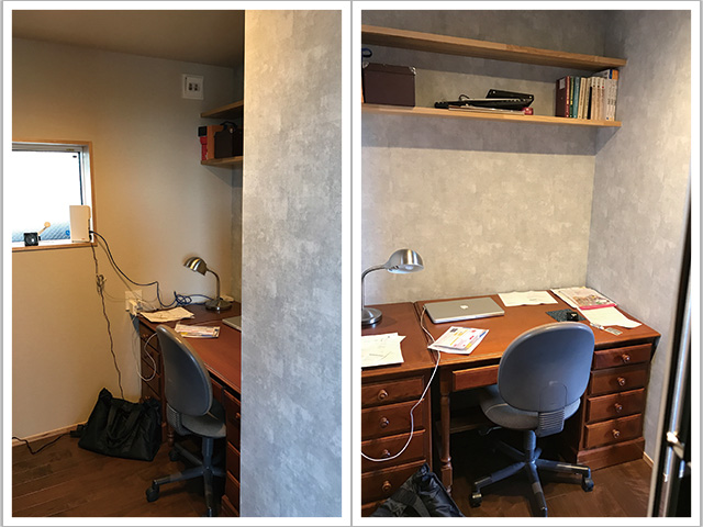 帰宅後に仕事をすることが多いというKさん。「父に譲ってもらった机を置く場所が欲しかったので、机がぴったり入るサイズの書斎を設けてもらいました」